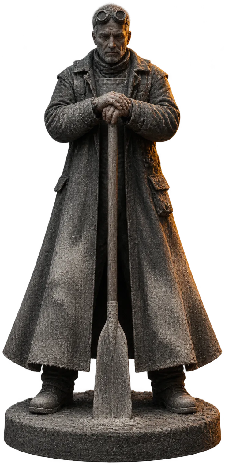 Aurel Kest, a broad older man in a long plaster-dusted coat that flares like a bell, welding goggles on his forehead, hands folded on a pouring paddle.