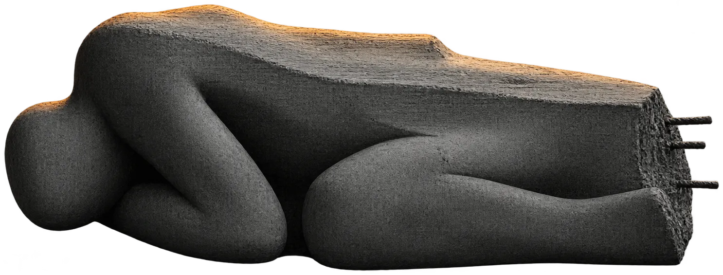 A grey concrete cast in the shape of a curled human body, its top worn flat into a step, rebar stubs at one end.