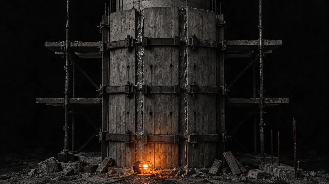 The calf of Colossus Nine, a huge concrete column encased in three tall timber formwork panels clamped with steel walers, wet slurry leaking from the joints.
