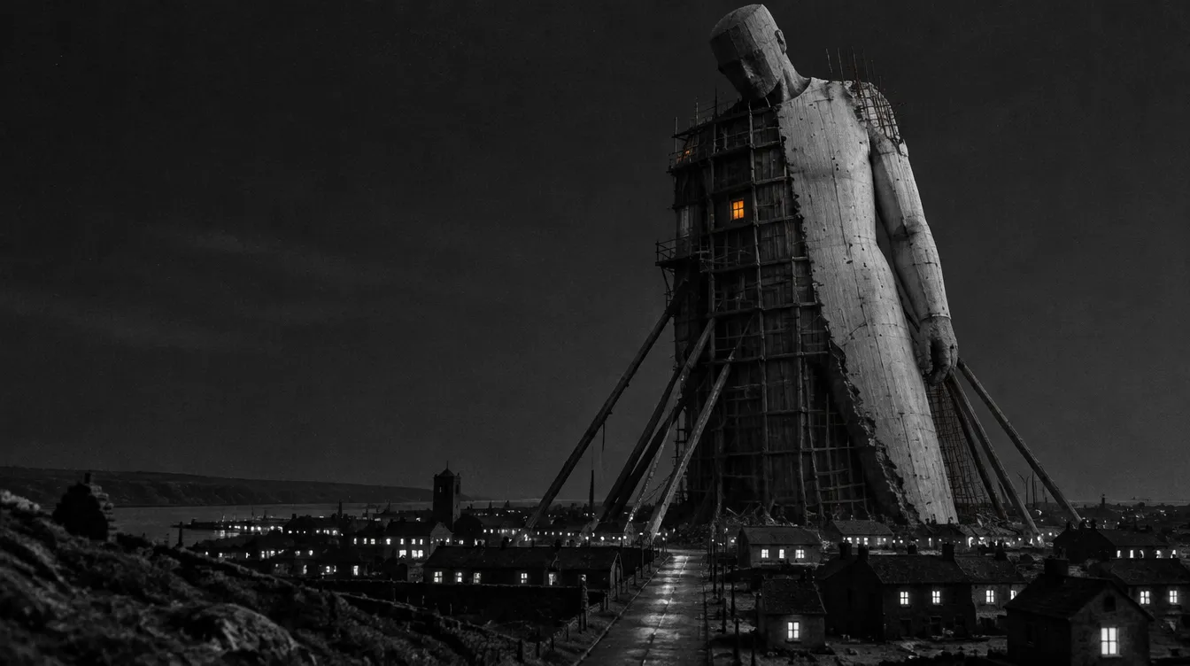 Colossus Nine standing over a small town at night, one side stripped pale, the other still in dark formwork and scaffolding, timber props bracing its lean.