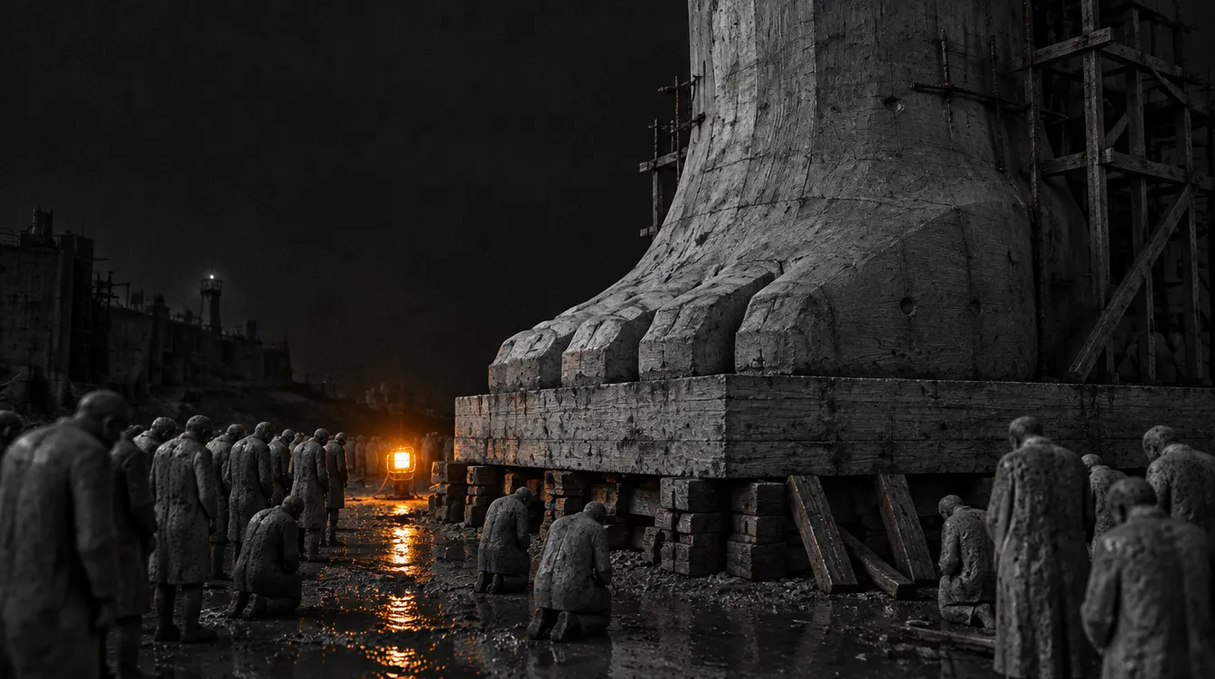 The giant concrete foot of Colossus Nine on a stepped plinth, surrounded by small grey figures asleep on their feet, heads bowed, one lamp glowing on the wet ground.