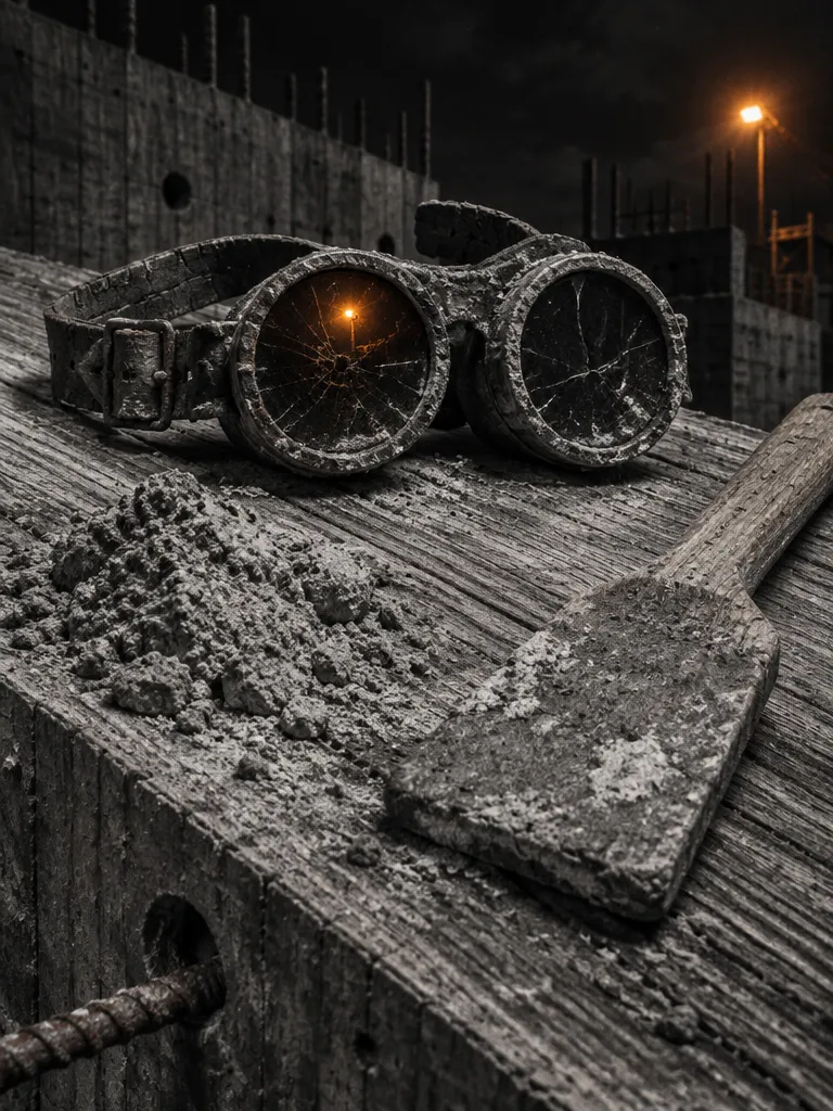 Cracked welding goggles caked in plaster dust, resting on a timber plank beside a pouring paddle.