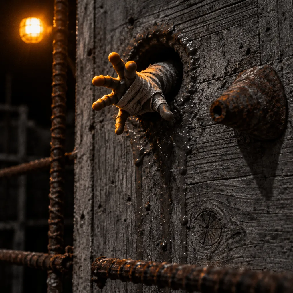 A bandaged hand reaching through a round tie-rod hole in rough timber formwork, wet slurry around the hole.