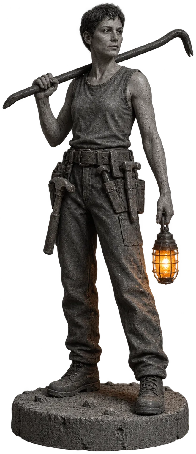 Ilse Brandt, a lean formwork carpenter with cropped hair and scarred forearms, a crowbar across her shoulder and a caged orange lamp in her hand.