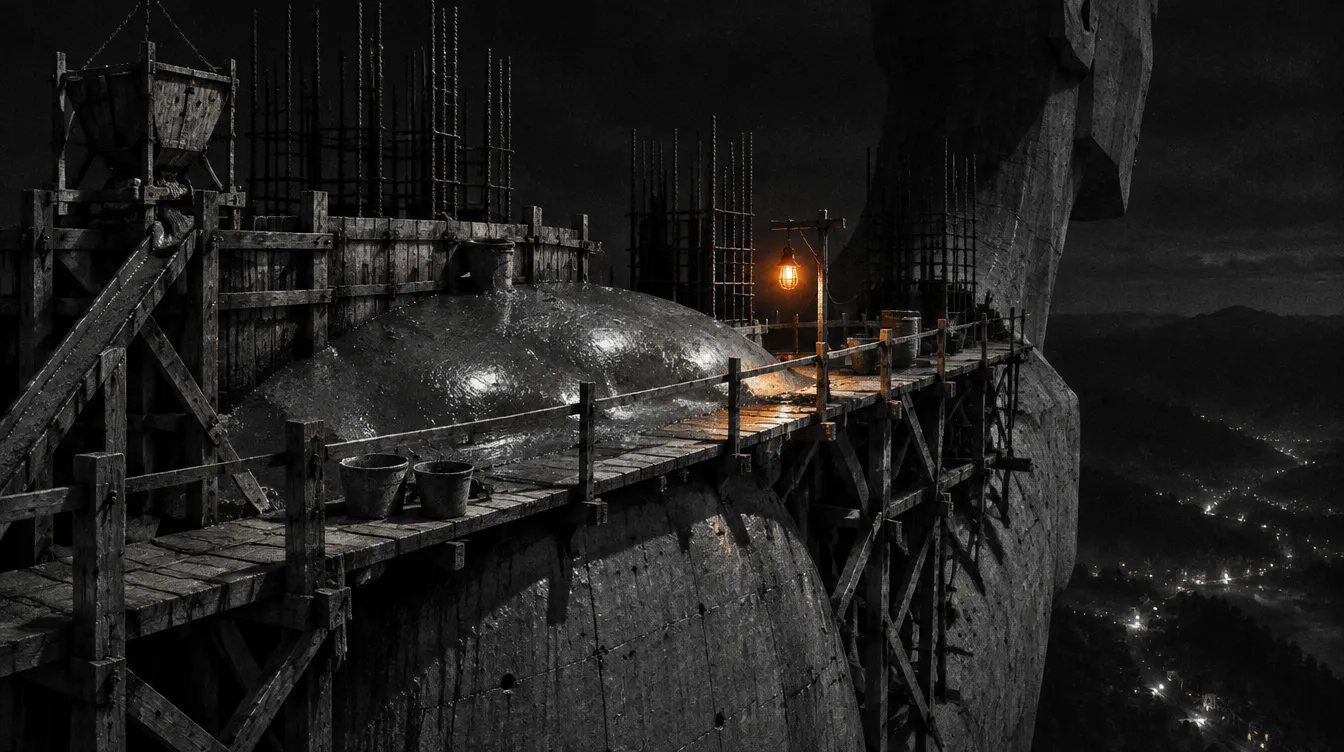 The top lift of Colossus Nine at night: the giant's shoulder still wet inside open formwork, a scaffold walkway with one hanging lamp, and the lights of a small town far below.