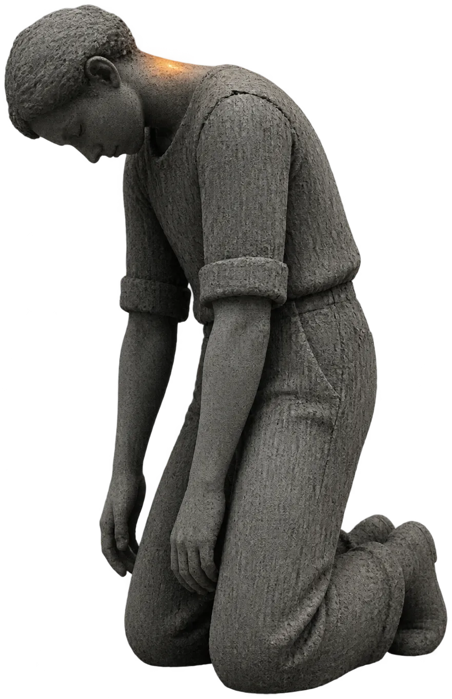 One of the Slumped: a villager turned to concrete, kneeling with head bowed, eyes closed.