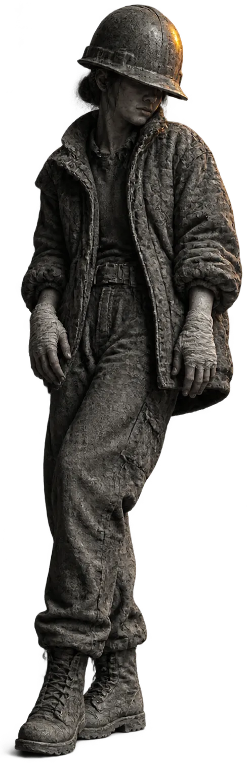 Tamsin Orr, a small young apprentice in an oversized hard hat and a jacket too big for her, hands wrapped in bandages, leaning to one side.